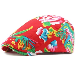 HT4390 Beret for Men Women Chinese Floral Printed Beret Cap Male Female Vintage Artist Painter Beret Hat Adjustable Flat Cap Men