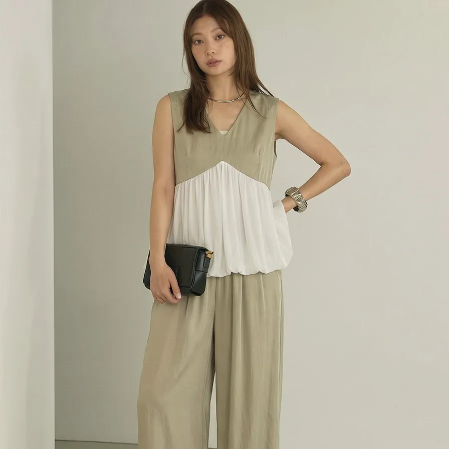 

Korean Style High Waist Wide Leg Pants Two Piece Set Women's Summer Fashion V Neck Sleeveless Lace Top Casual Neutral Wind