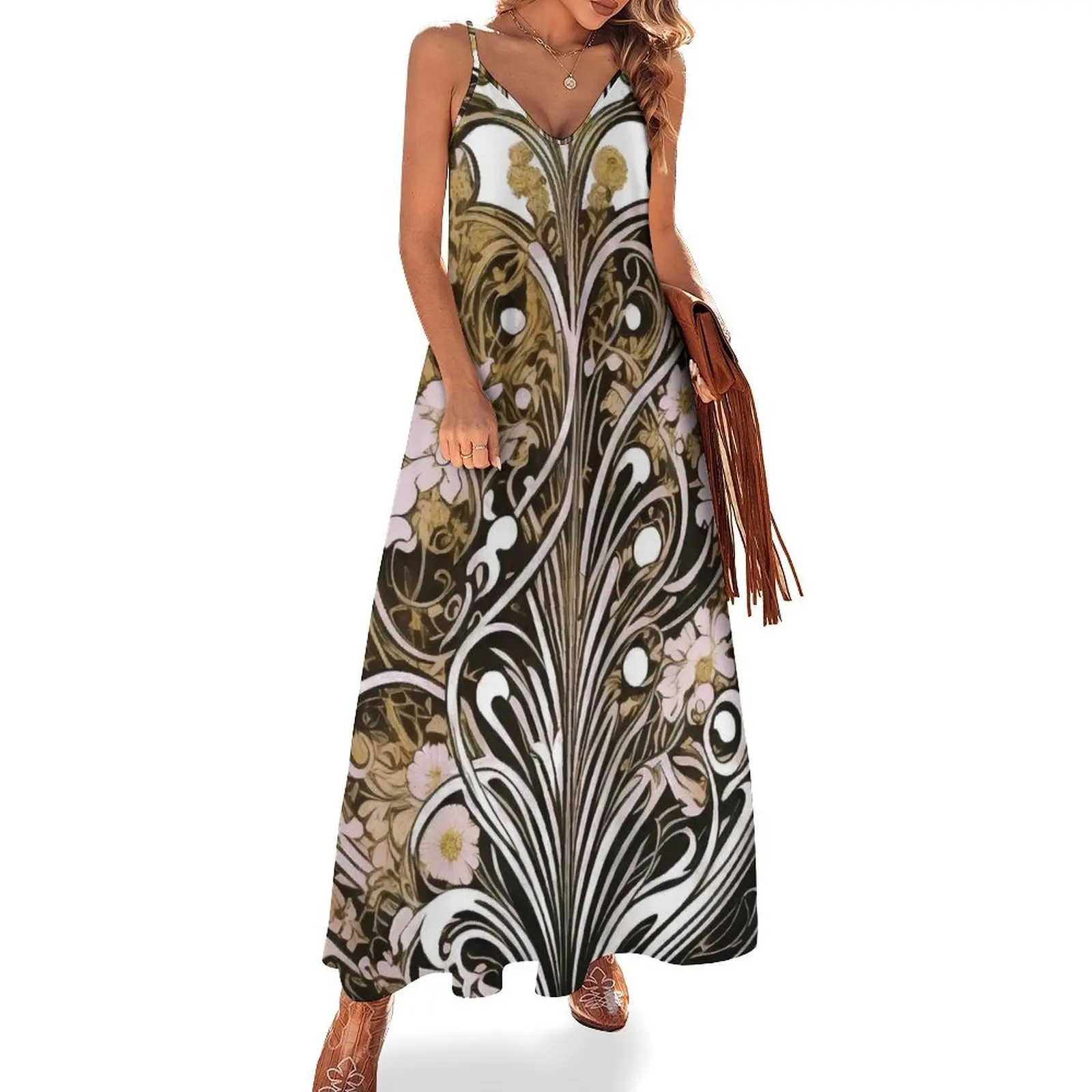 

Vintage Art Nouveau Alphonse Mucha Classical Nature Flower Print Sleeveless Dress dress women summer Dress