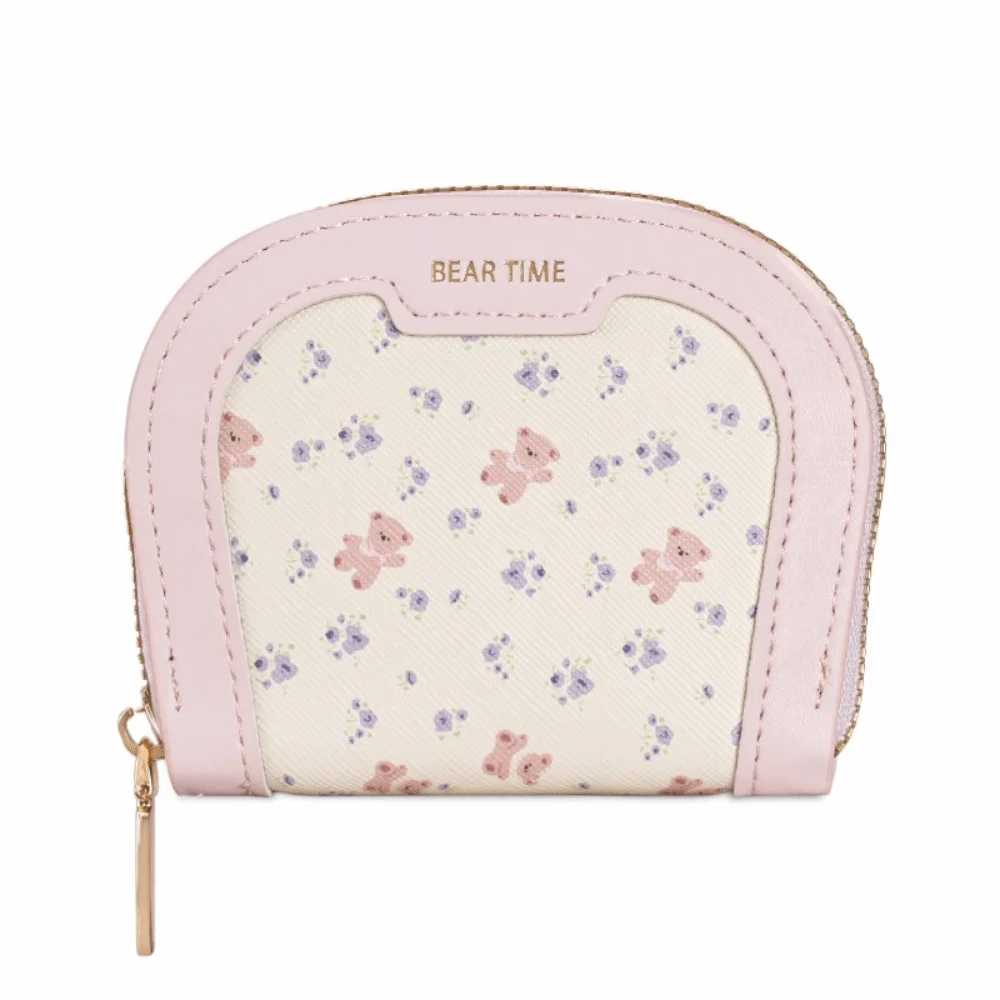 Stylish PU Bear Print Coin Purse Multi-Slot Lightweight Small Card Wallet Zippered Portable Cute Mini Pouch Ladies