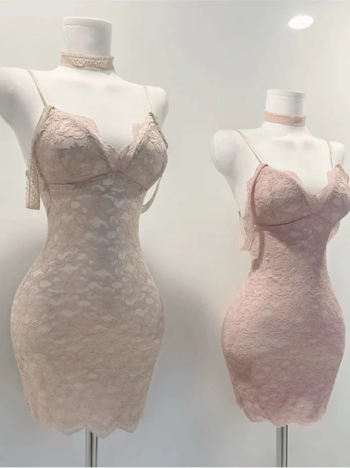 

Sexy Lace Shoulder Bared Low Cut Strap Dress Body Shape Highlighting Women's Skirt Korean Style Spring Summer Casual Wear
