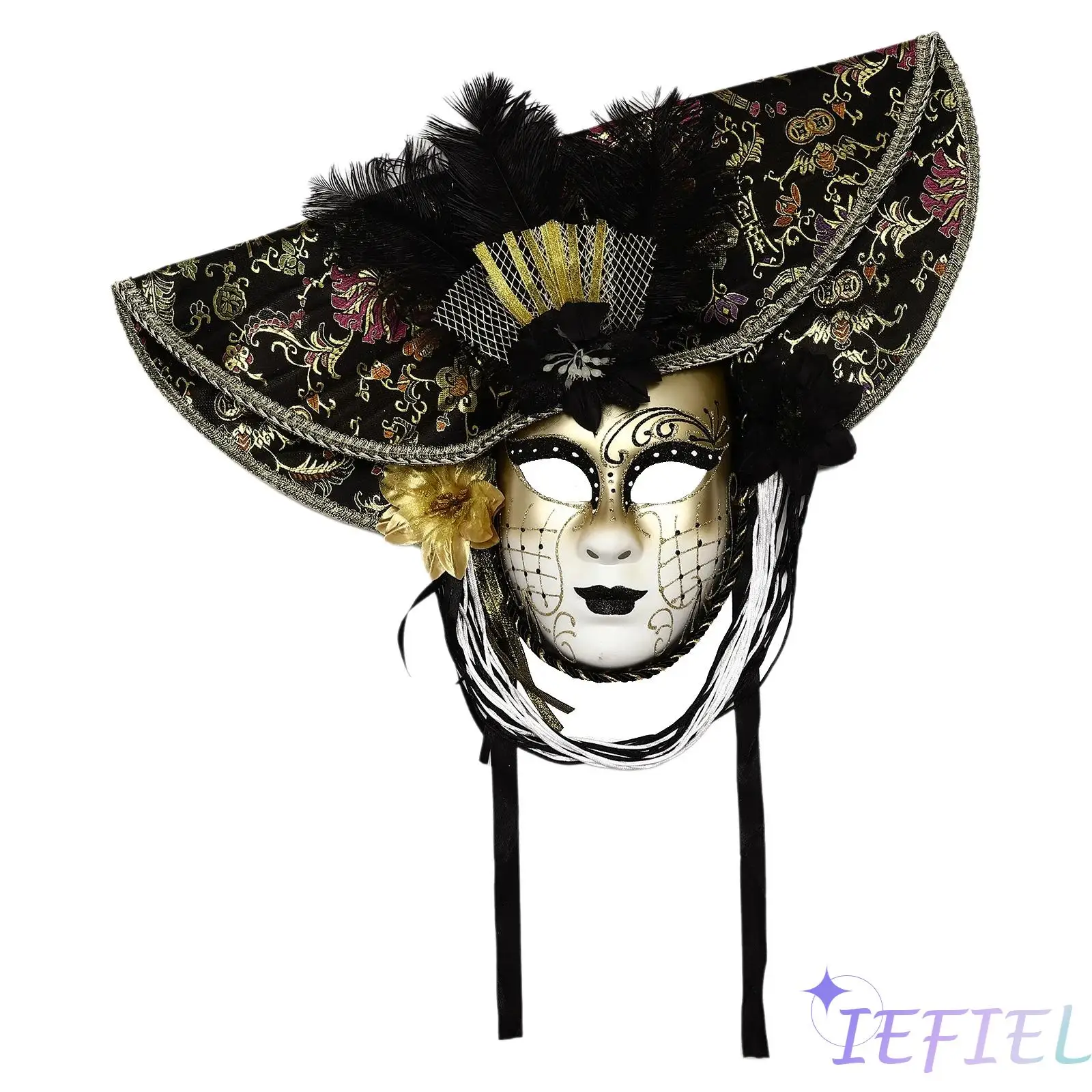 Women Venetian Feather Mask Full Face Visibility Glittery Embroidery Metallic Belt Party Props Masquerade Ball Mask Essential