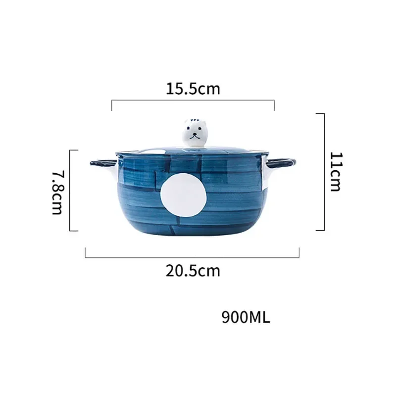 Creative Ceramic Noodle Bowl with Lid Hand-painted Soup Bowl Double Ear Anti-scalding Tableware Pot Dessert Fruit Kitchen Tool