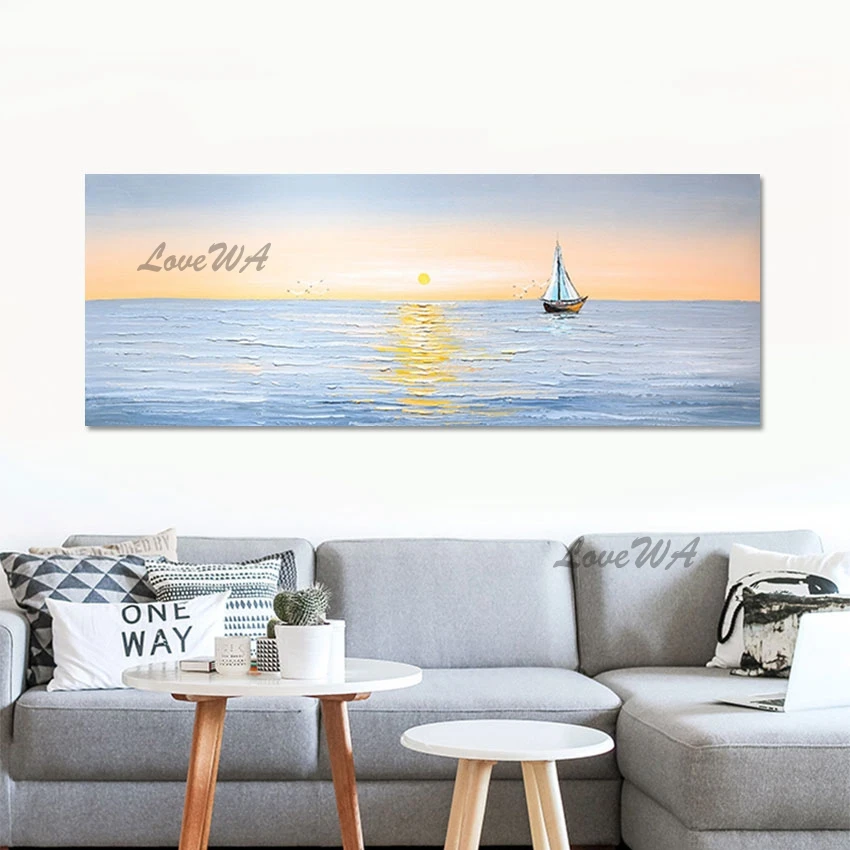 

Canvas Art Fashion Wall Paintings Interior Picture Sunset Scenery Unframed Artwork 100% Hand-painted Seascapes With Boats