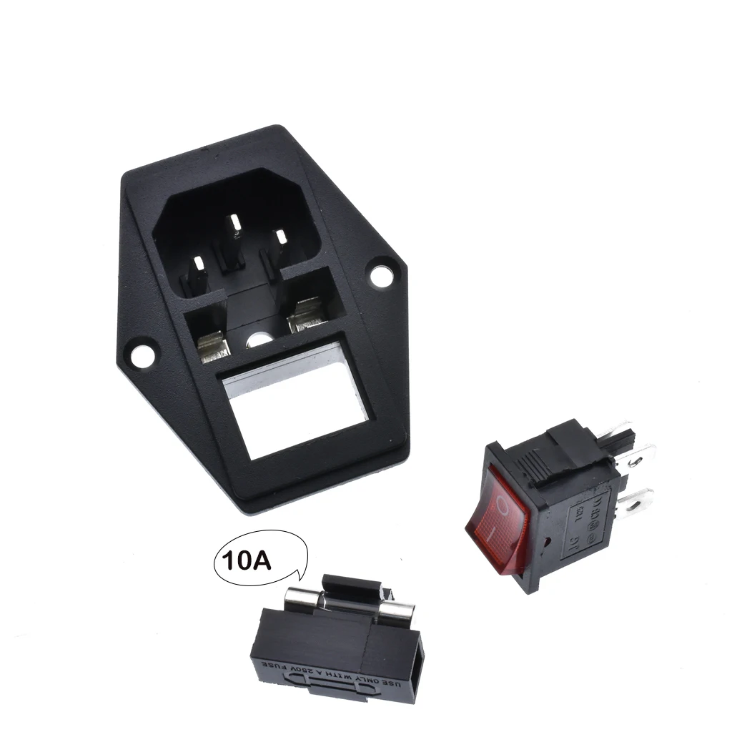 2PCS 10A/250V 3pin AC power socket with Power Rocker Switch Fused
