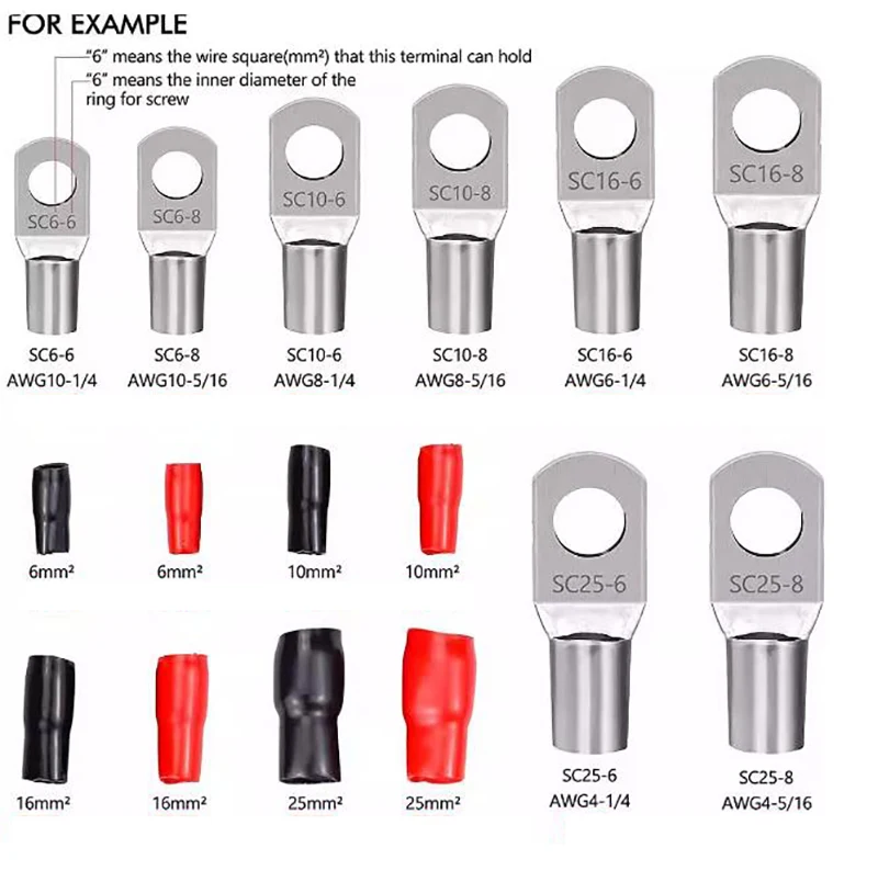 SC Terminal Connector Kit 60/90/190PCS, Sizes 6-6/10-8/16-8/25-8/35-10, Copper Made with Insulated Sheaths