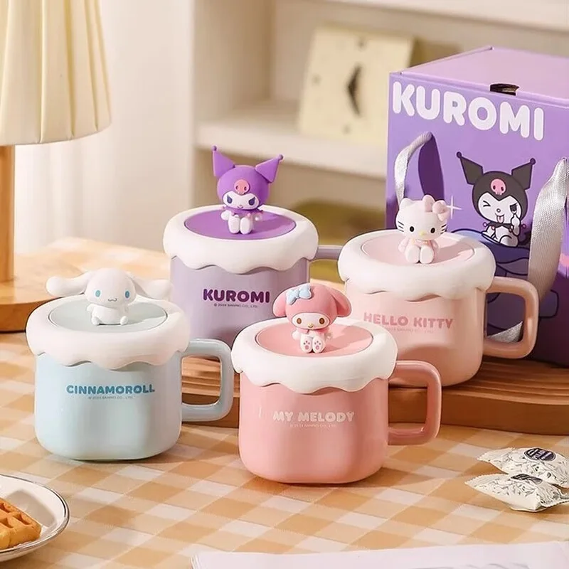 

Sanrio Kuromi Hello Kitty Ceramic Mug with Silicone Lid, High Drinking Cup for Home Office, Cute Cartoon Water Glass Gift