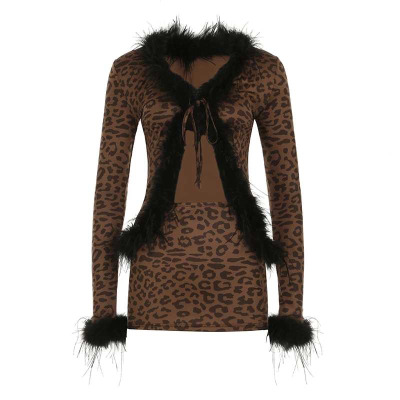 Biikpiik pele retalhos leopardo sexy saias conjuntos para senhoras moda clube conjuntos de duas peças outono inverno ternos magros festa meia-noite