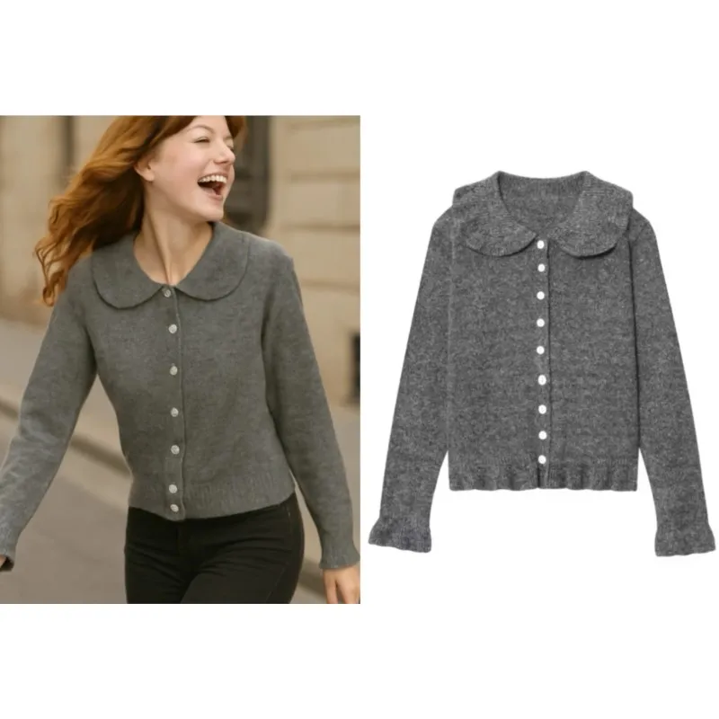 

Women Cardigan wtih Ruffle Trims Autumn Turn Down Collar Long Sleeve French style Knit Women's Plain Sweater Elastic Female Tops