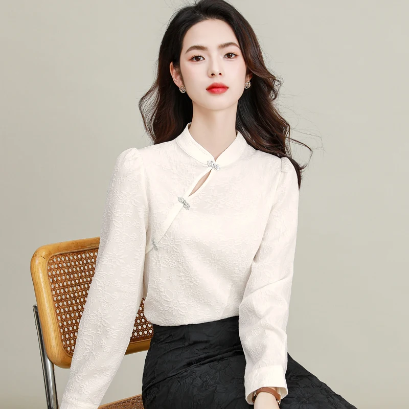 2024 New Han Style Clothing Women White Qipao Style Shirt Mandarin Collar Chinese Buckle Slanted Placket Design Jacquard Tops