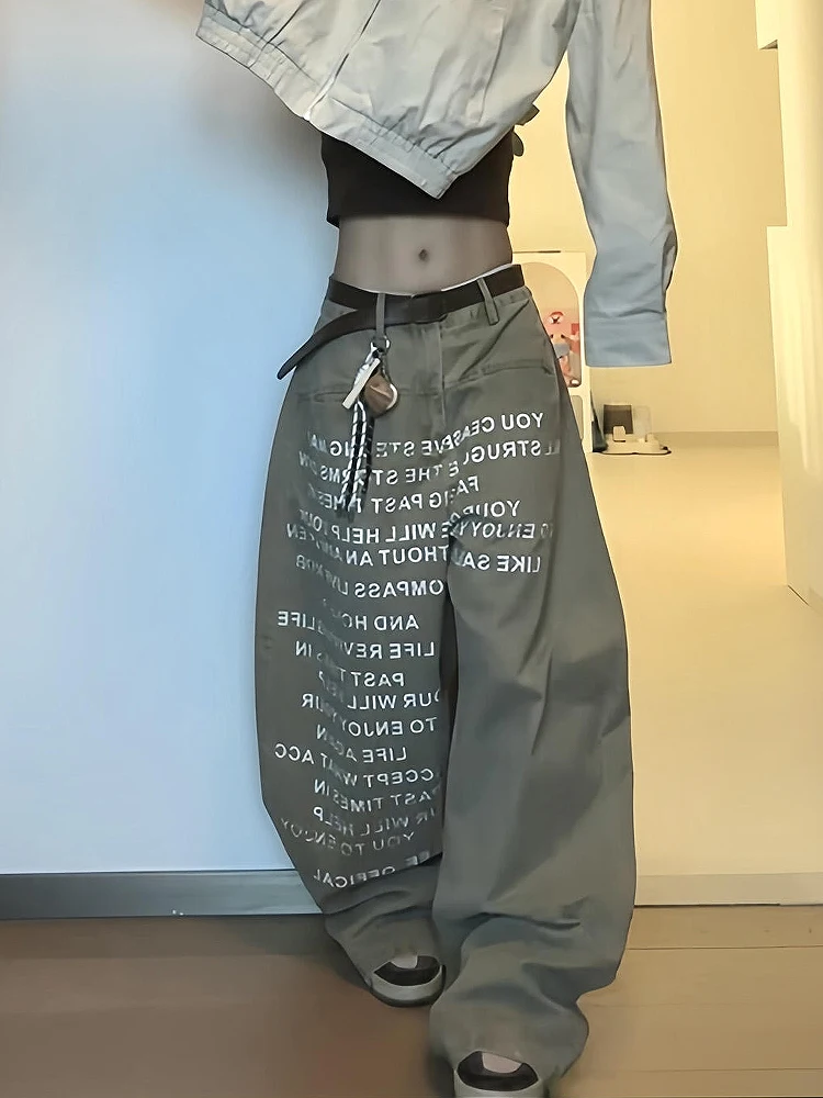Sweet Cool Spicy American Style Letter Print Wide Leg Loose Fit High Waist Khaki Color Denim Jeans for Women Autumn Season