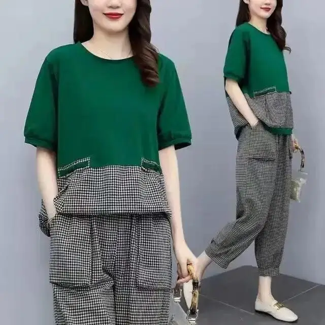 Retro Plaid Women's Set Summer New Style Large Size Patchwork Cotton Linen Loose Harlan Pants Two Pieces Fashionable Ensemble