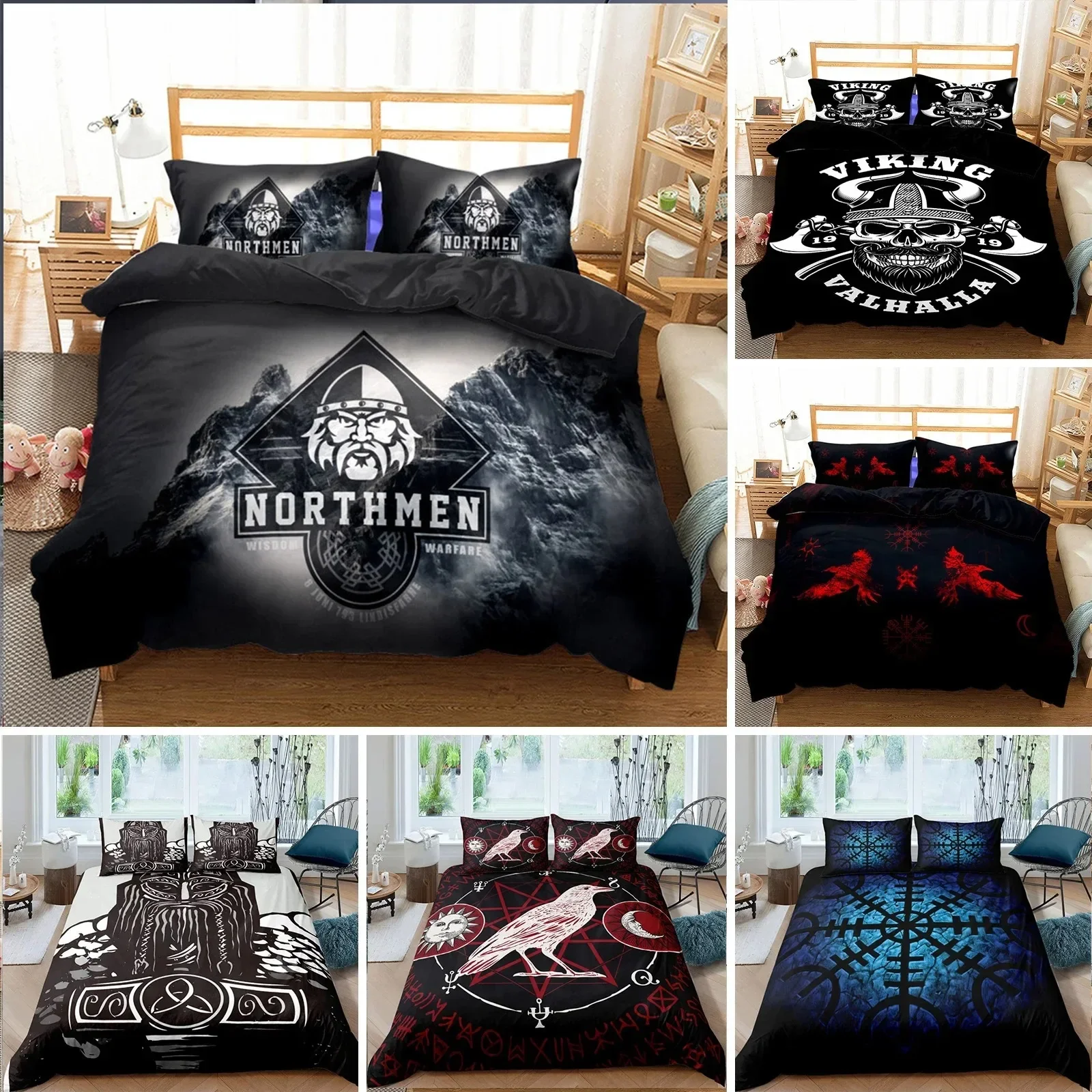 

Viking Duvet Cover Set KingQueen Size Slate Blue Mjolnir Pattern Bedding Set Northern Germanic Culture Polyester Quilt Cover