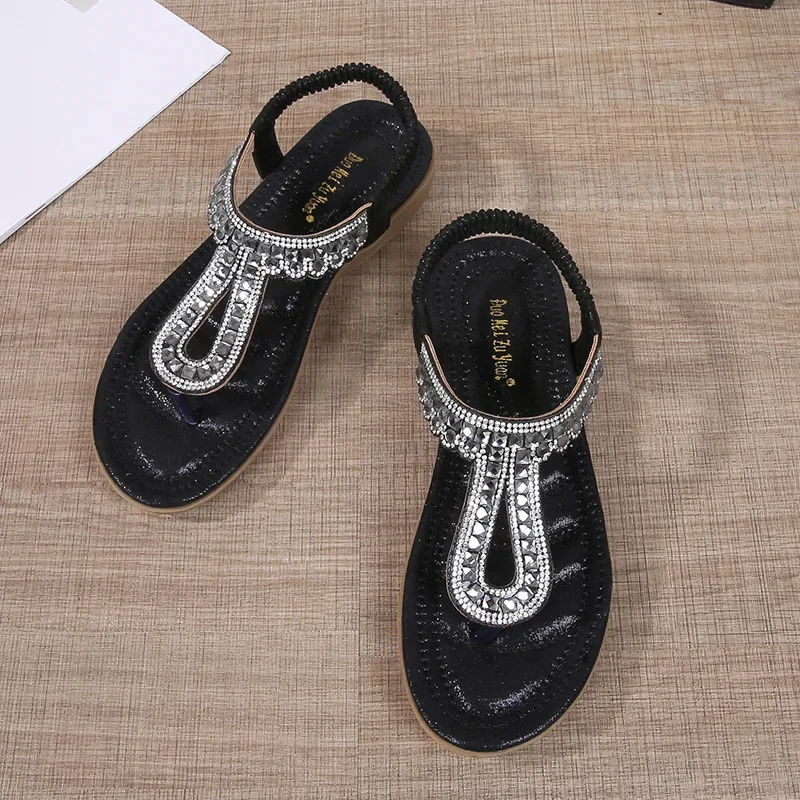 Frauen Böhmen Sandalen Flip-Flops Tanga Flache Heels Plus Größe 36-42 Mode Böhmen Kleid Blatt Strass Mujer