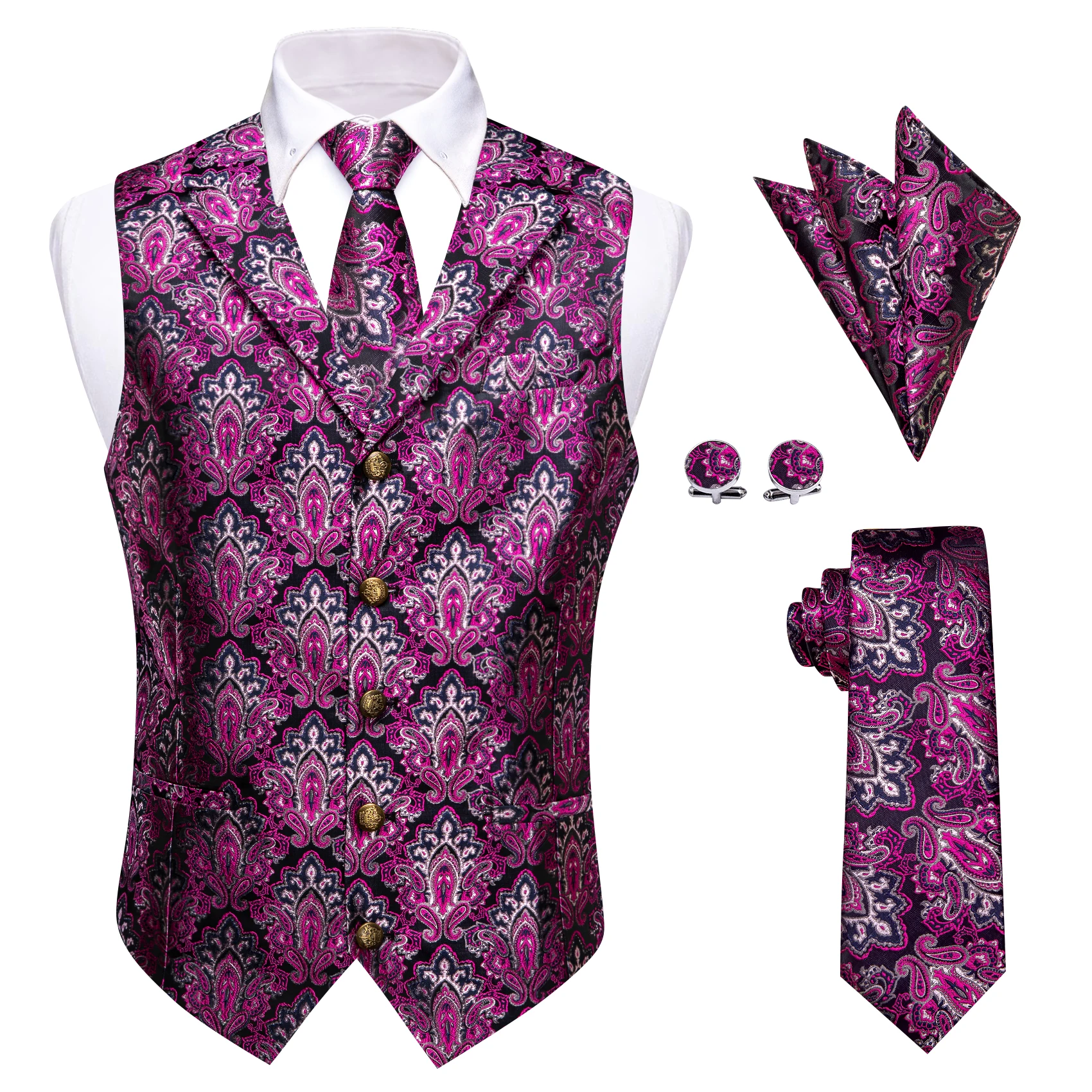 

Unique Rose Red Vest for Man Classic Paisley chaleco hombre Classic Necktie Pocket Square Cufflinks for Business Party Waistcoat