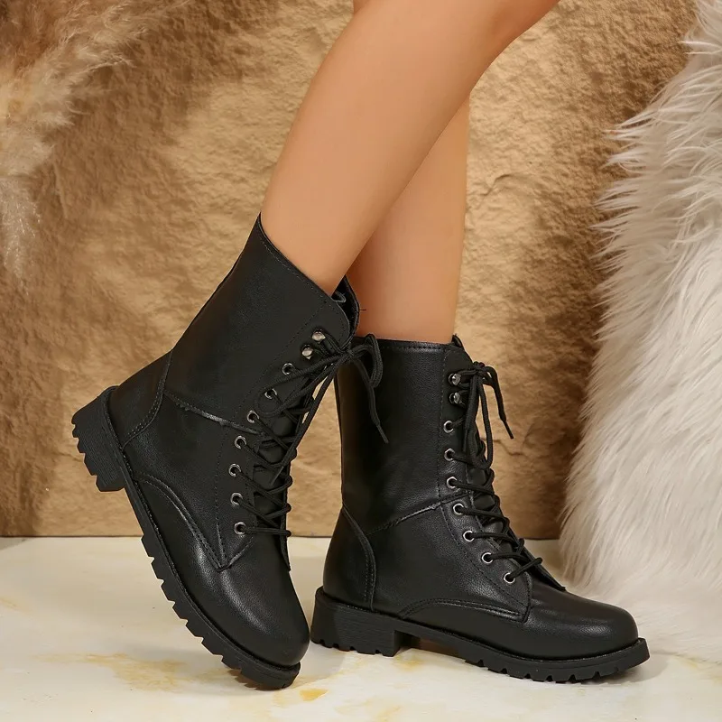 Women's Plus Size British Style Lace Up Thick Soled, Thick Heeled, Short Boots