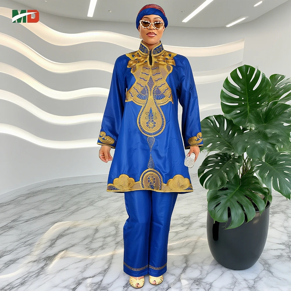 

MD African Clothes For Women Kaftan Shirt and Pants Suits 2PCS Traditional Outfit Set Plus Size Daily Wear Embroidered Clothing