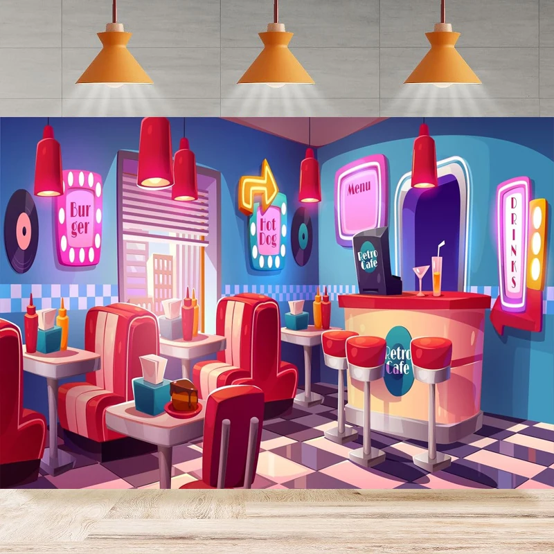 

Retro Cafe Interior Photography Backdrop Party Cartoon Style Fast-Food Restaurant Interior High Chairs Background Wall Banner