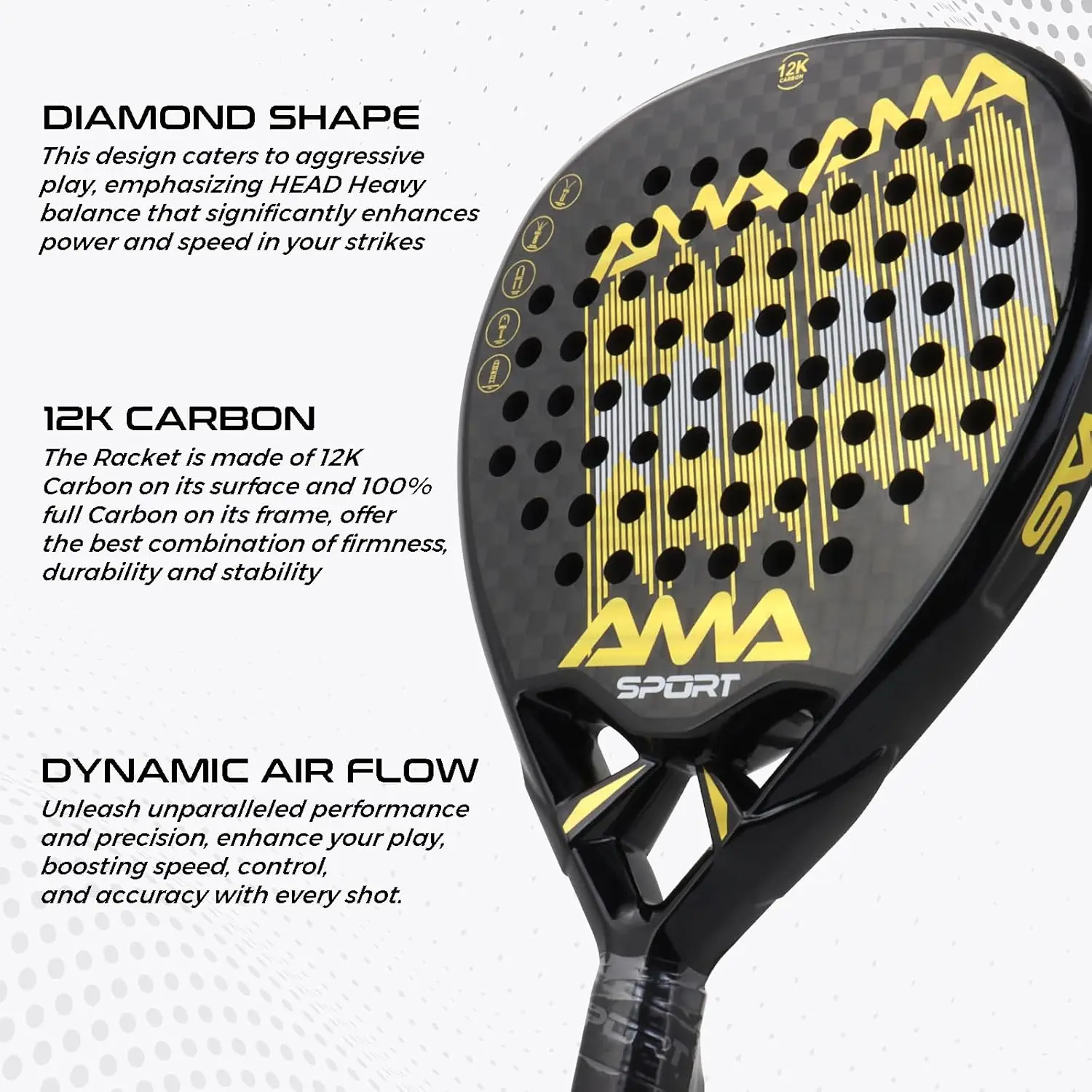 AMA SPORT 12K Padel Racket with Custom Grip Technology 12K Carbon Fiber Surface with EVA Memory Foam Core Racket Pala de Padel