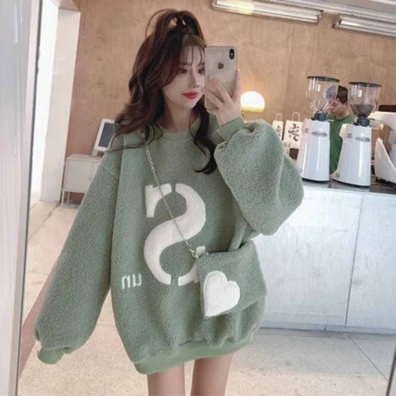 

Women Lamb Hoodies Lady Letter Sweatshirt Femal Loose Outerwear Long Pullover 2023 Spring Fall Winter Warm Clothing Y2k