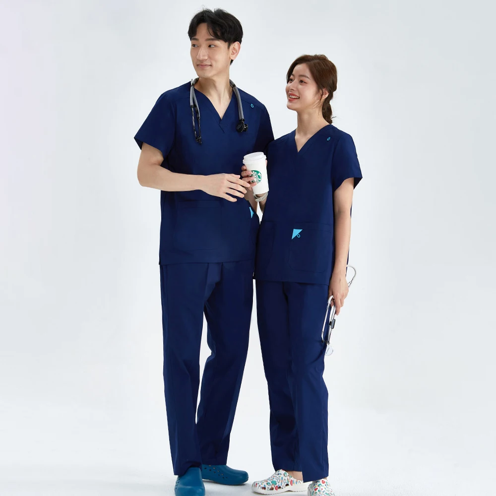 Basic Medical Uniform Scrub set donna uomo 2 pezzi scollo a V Top pantaloni con coulisse Pro Heather infermieristica Slim tunica XSY-202