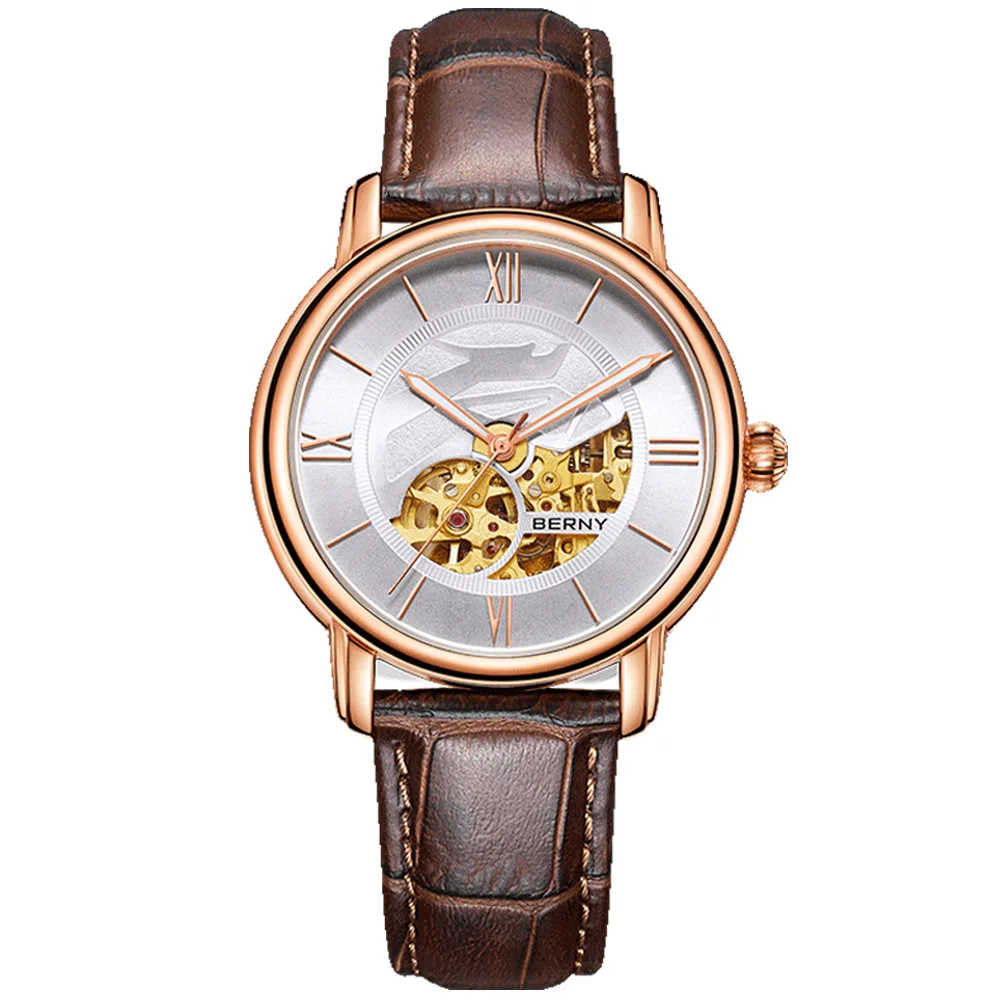 BERNY Men Automatic Mechanical Watch BERNY 8N24 Skeleton Watches Self Winding Sapphire 5Bar Waterproof Luxury Gold Wristwatch