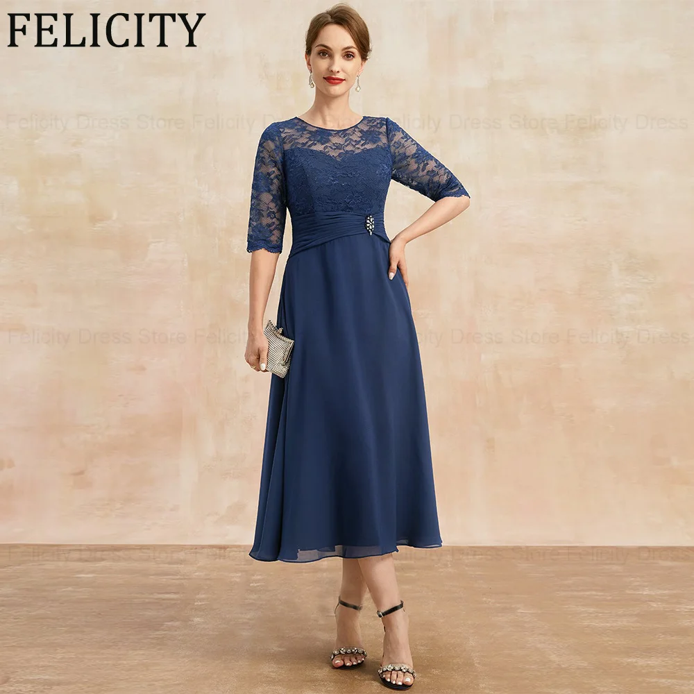 

FELICITY Chiffon Elegant Mother of the Bride Dresses 2024 A-line Scoop Wedding Guest Dresses Lace Pleated Beading Evening Gowns