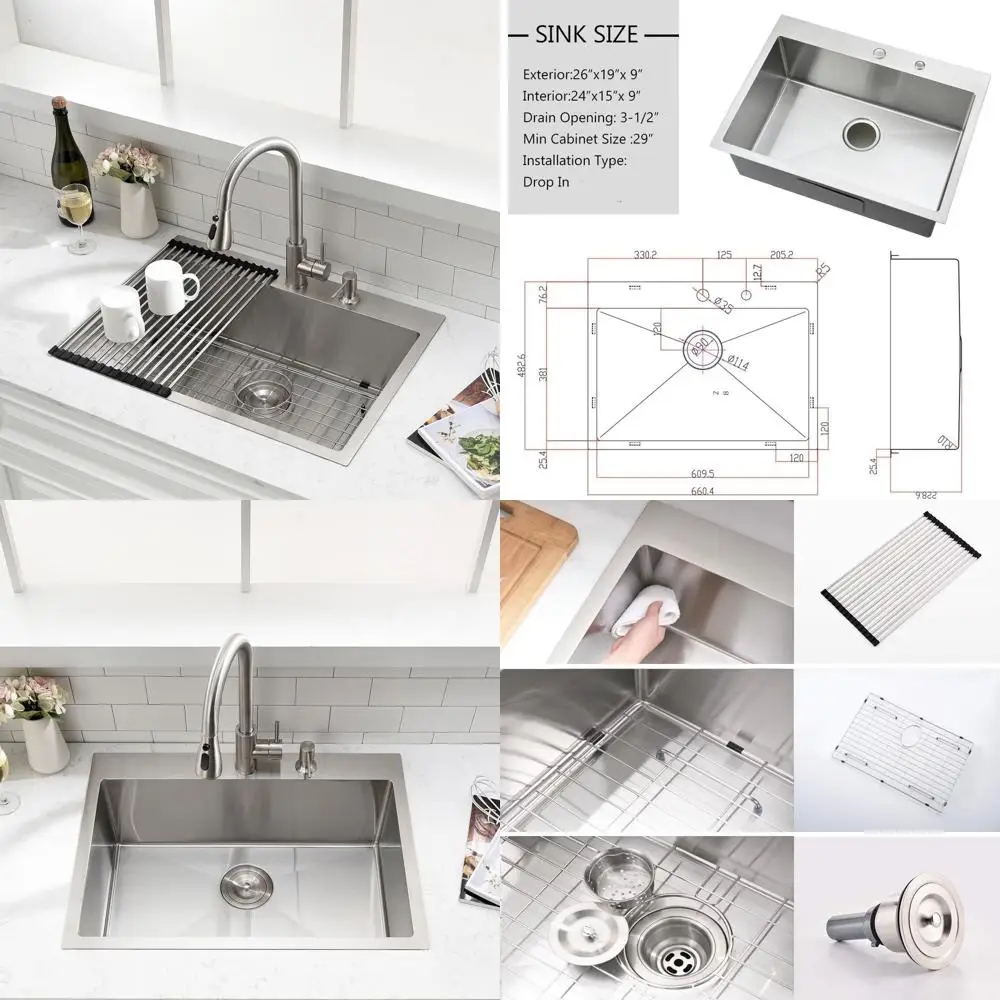 

26 x 19 Stainless Steel Single Bowl Top Mount Drop-In Kitchen Sink with Dish Rack