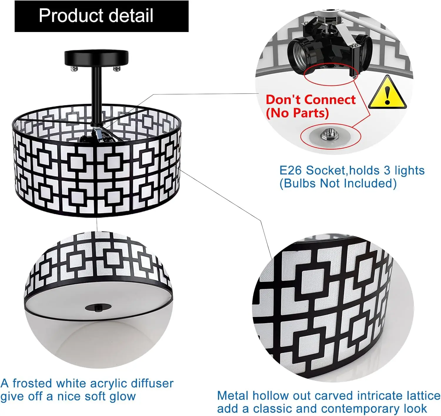 Dllt luz de techo de montaje empotrado, accesorio de montaje semiempotrado para comedor, fijación de techo de tambor para dormitorio y cocina