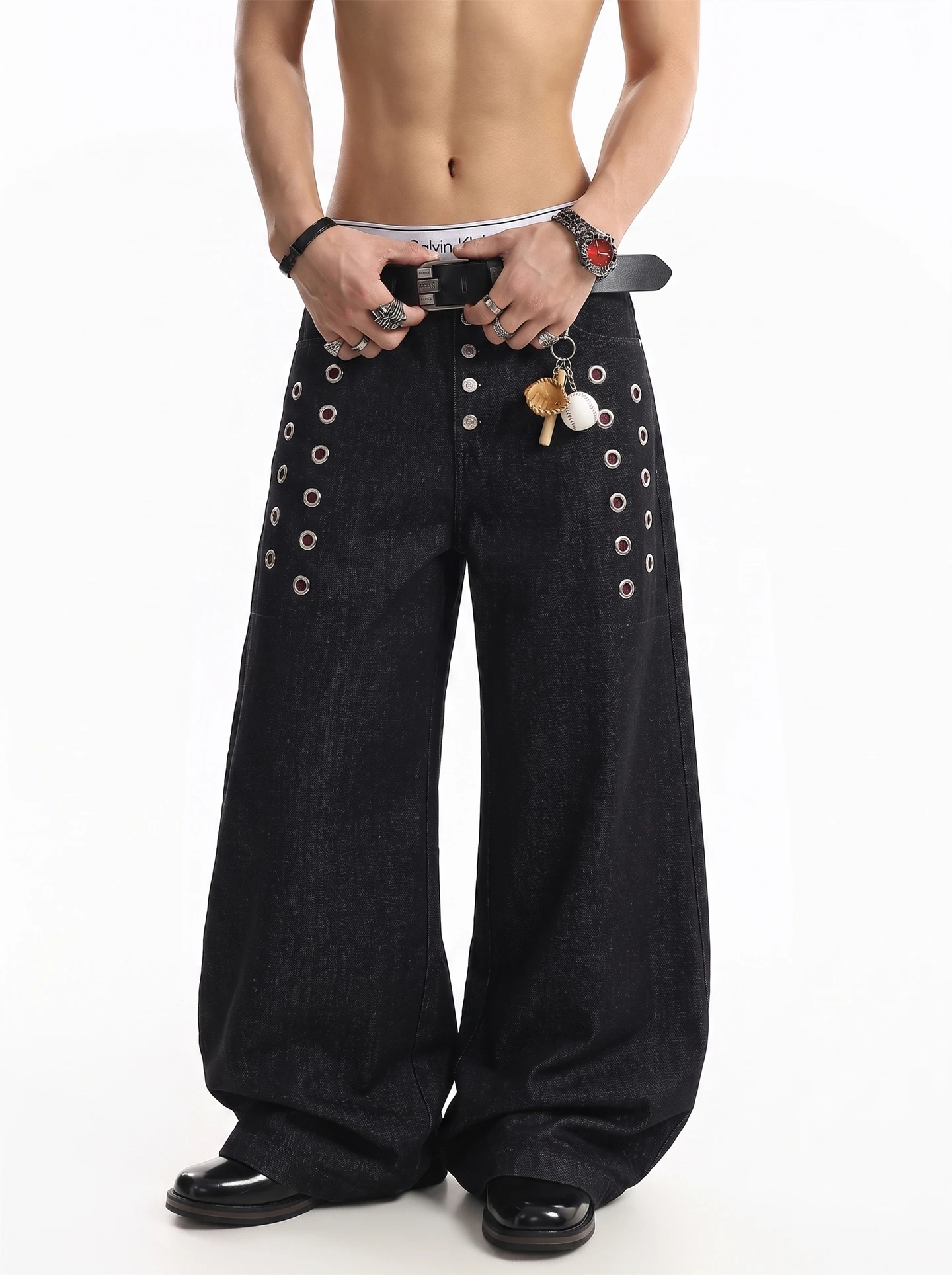 American High Street Spliced Plaid Hollow Rivet Button Subculture Loose Wide Leg Original Denim Men's Jeans Casual Style