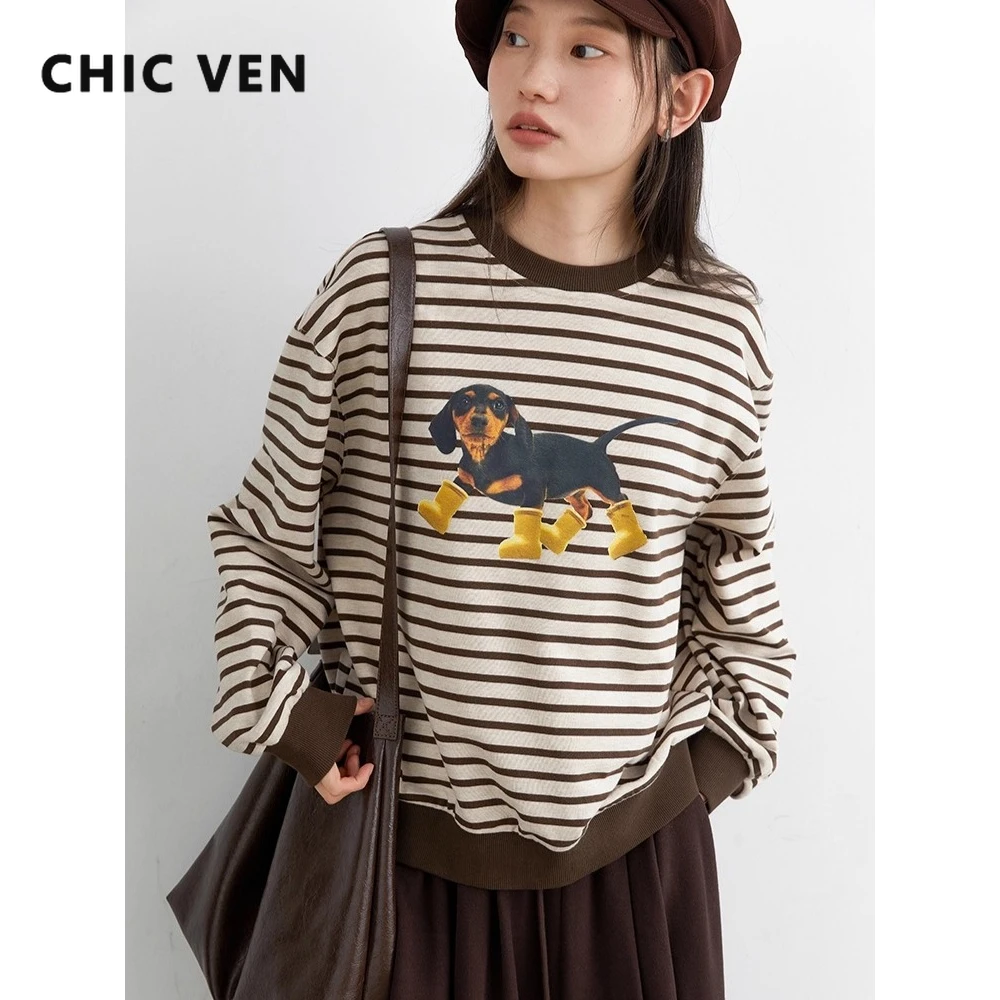 

CHIC VEN новые женские футболки, свободные повседневные футболки с круглым вырезом в полоску с принтом собаки, женские футболки с длинными рукавами, пуловер, осень-зима 2025