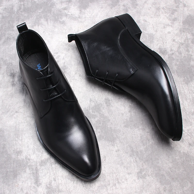 

Ankle Boots Men Genuine Leather Pointy Black Formal Men Leather Boots For Dress Suit Lace-up Men Chelsea Boots British Style