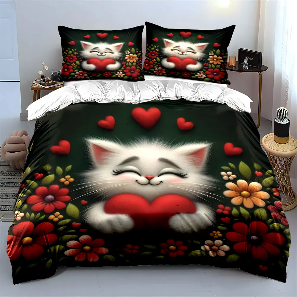 3D Fluffy White Cat Red Heart Floral Bedding Set,Cute Kitten Flower Valentine Warm Print Kids Bed Set 1 Duvet Cover 2 Pillowcase