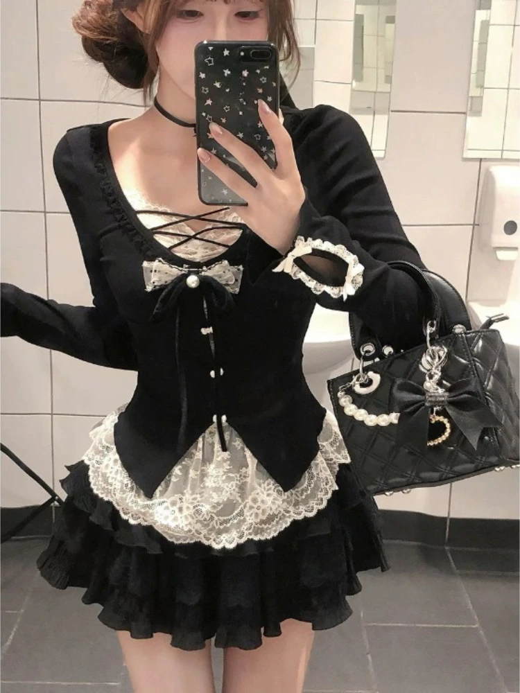 

Autumn Bow Sweet Two Piece Black Top For Women+ Japanese Vintage Y2k High Waist Skirts Two Piece Sets Crop Tee