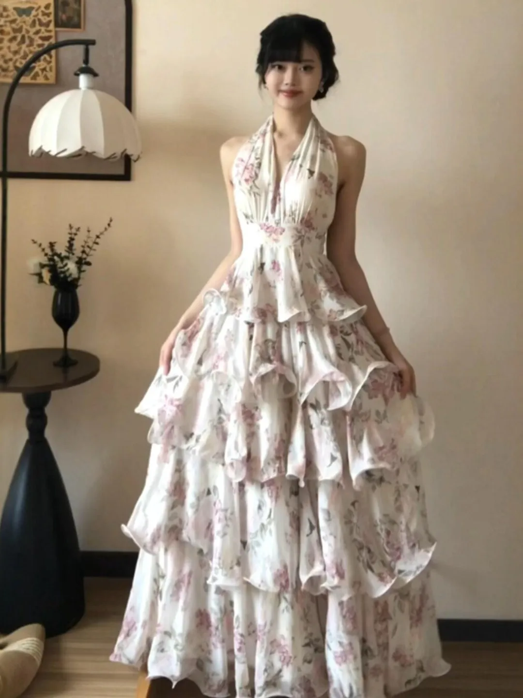 Gentle Breeze Beautiful Floral Halter Neck Dress Cake Style Summer Dress Shoulder Baring High Waist Polyester Fiber Women's D...