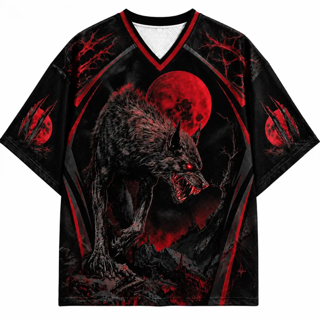 Gothic Red Moon Wolf Full Screen Printed Short Sleeve T-shirt Dark Street Style Hip Hop Loose Sports Breathable Casual Top