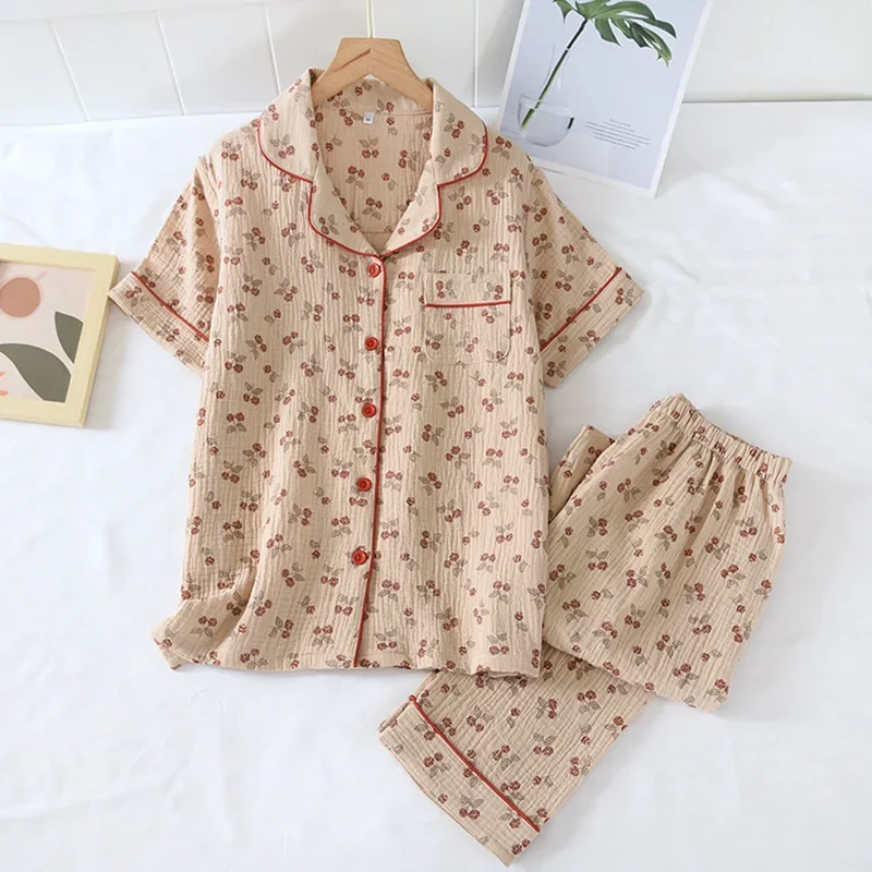 Pijama de manga curta feminino, terno rosa pequeno, 100% algodão, serviço caseiro em crepe, primavera e verão, calças novas, conjunto de 2 peças