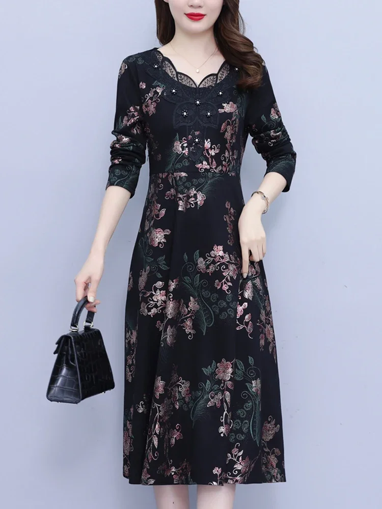 Autumn Winter Vintage Black Print Chic Prom Dress Women Elegant Luxury Night Midi Vestidos 2024 Plus Velvet Bodycon Party Dress