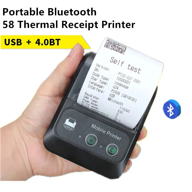 Portable Mini 58mm Thermal Receipt POS Printer Wireless Bluetooth Portable Ticket Bill IOS Android Invoice Business Retail