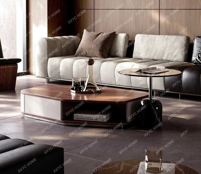 walnut pattern high and low coffee table combination  solid wood saddle leather