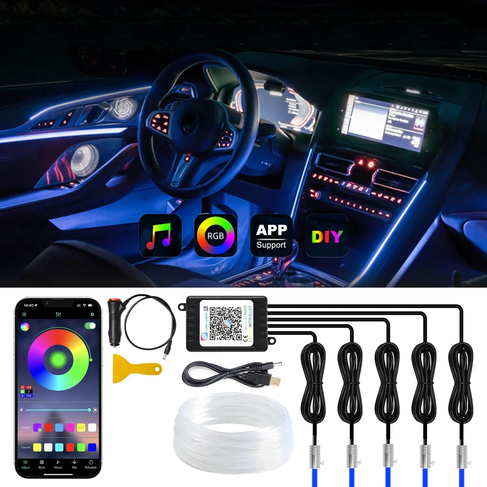 

6in1 DIY Music APP Decorative Atmosphere Light Car Interior Atmosphere Ambient RGB Fiber Optic Lighting with Control Neon Strips