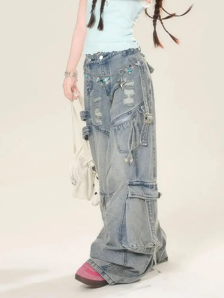 جينز نسائي مطرز بنجمة زرقاء فضفاض Y2K هاي ستريت هاراجوكو موضة عالية الخصر واسعة الساق سروال جينز ريترو ملابس 2025 #4
