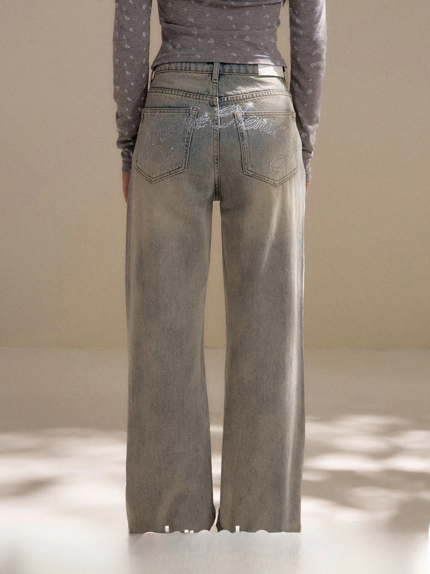 

Kroche Heavy Du Rhinestone Logo Yellow Mud Waed Vintage Straight Leg Jeans Women's Premium Denim Blue Cotton Casual Trousers