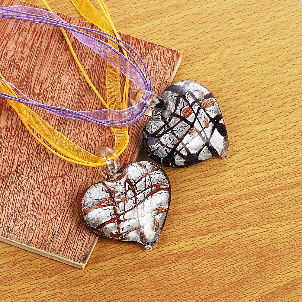 الجملة 6 قطع Gandmade مورانو Lampwork الزجاج مختلط اللون شريط القلب قلادة الفضة P الساخن مجوهرات هدية Necl0114