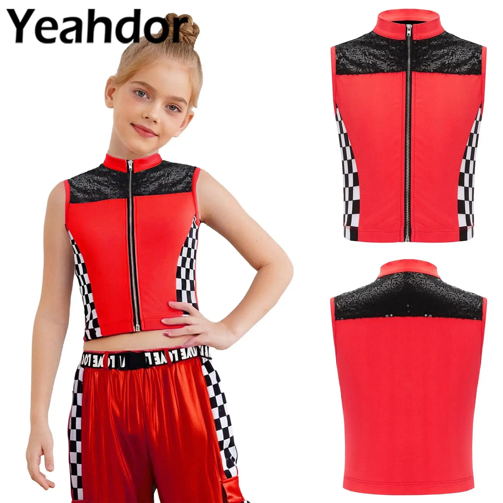 

Детский жилет для уличных танцев в стиле хип-хоп для девочек, клетчатый костюм на Хэллоуин, жилет без рукавов с блестками, топы для танцевальных занятий