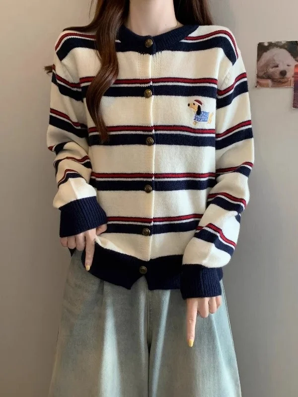 

Осень-зима, женский вязаный свитер больших размеров, кардиган, длинный полосатый свитер с вышивкой, модная корейская одежда больших размеров