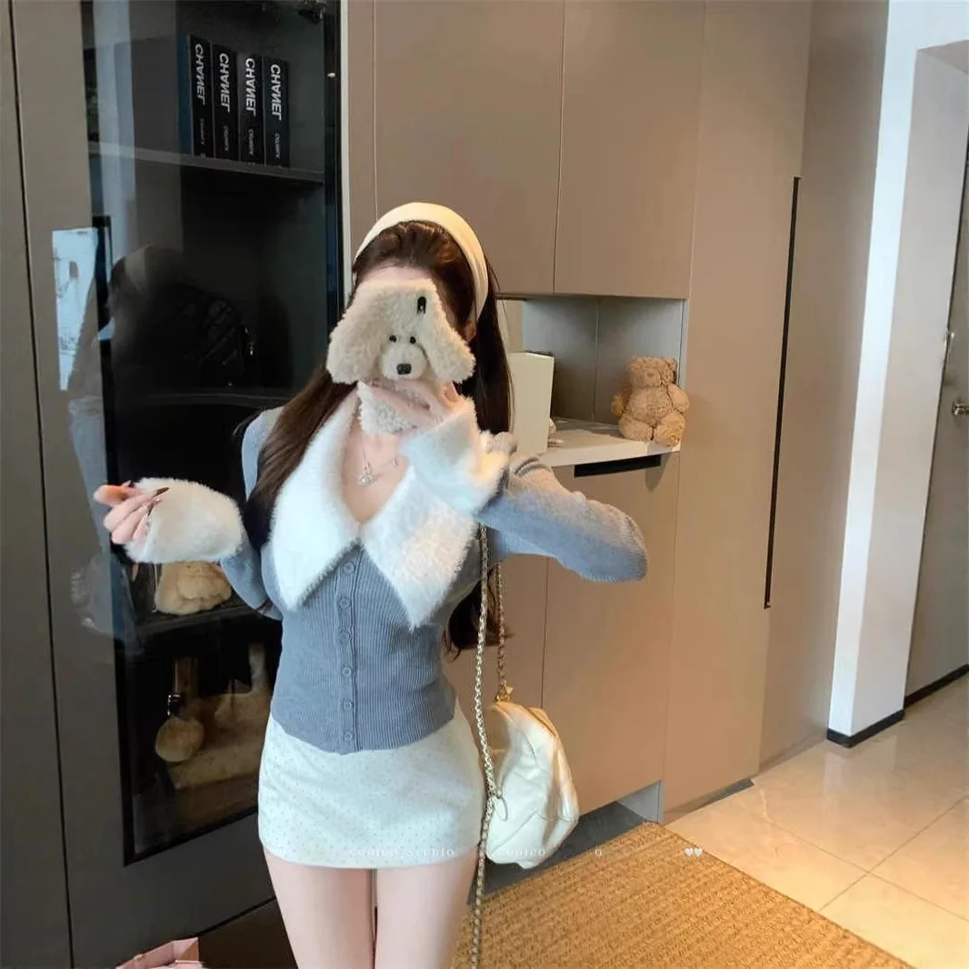 

Женский вязаный кардиган с длинными рукавами и пушистыми вставками, приталенный крой, базовый слой, корейский стиль, весенняя коллекция