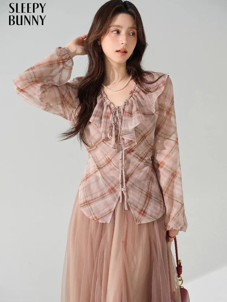 

Vintage Plaid Blouse Women Autumn Ruffle V-Neck Shirt Long Sleeve Lantern Top Slimming Casual Loose Fit Elegant Faux Silk Tops