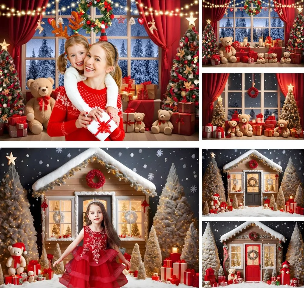 Christmas Toy Bear Backdrop Gifts Xmas Tree Window Christmas Baby Kids Portrait Family Party Decoration Photography Background