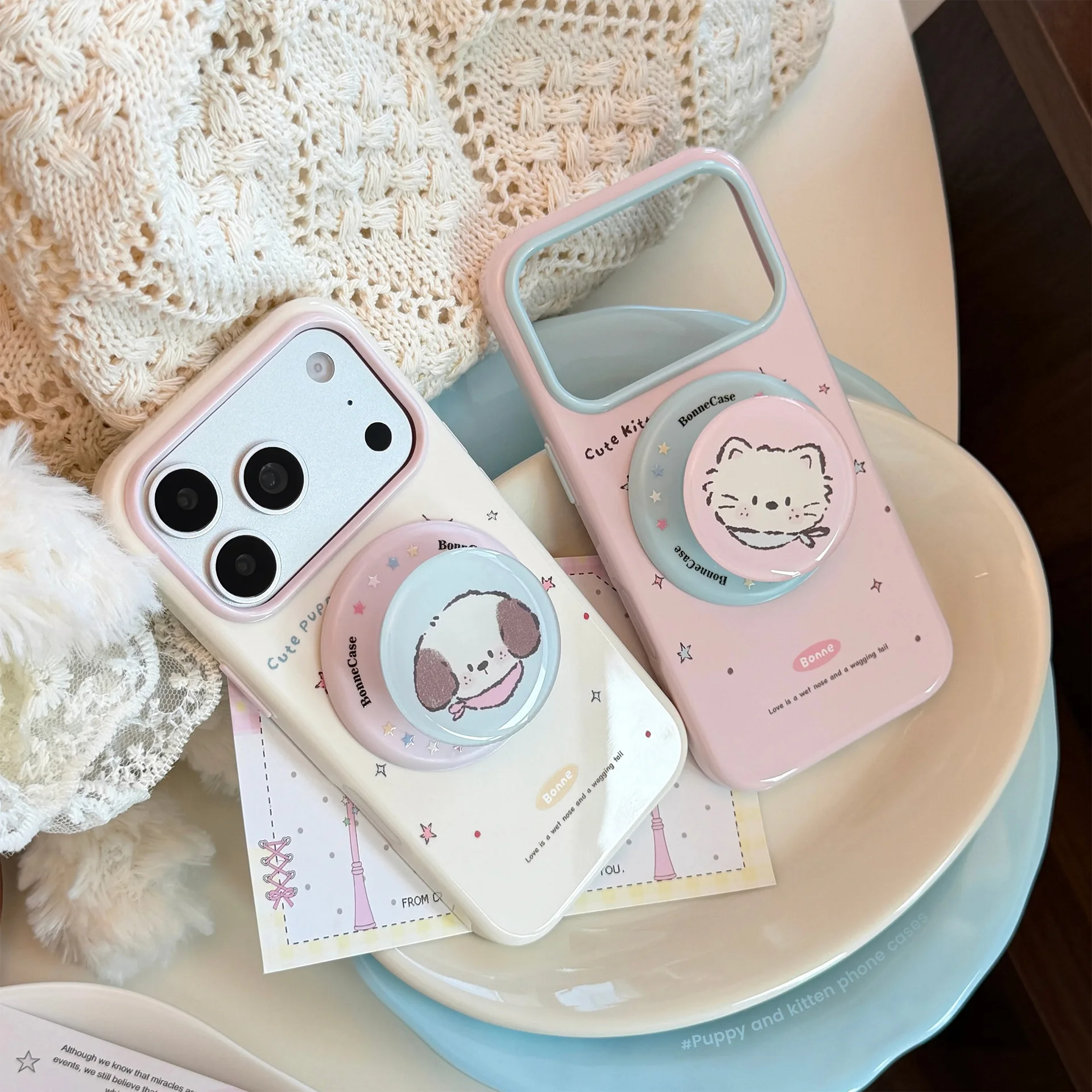 Coque de téléphone magnétique coréenne avec motifs de chatons et chiots colorés pour iPhone 17 16 15 14 13 12 Pro Max, résistante aux chocs et souple.